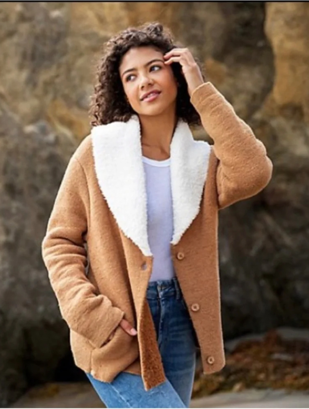 BAREFOOT DREAMS HONEY CREAM COZYCHIC SHEARLING CARDIGAN SWEATER JACKET SZ L